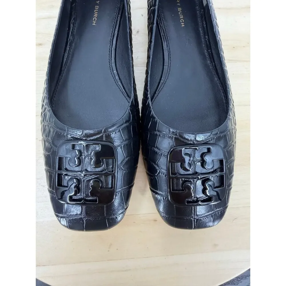 Tory Burch Georgia Ballet Flats 8M Black Croc Embossed Leather Logo Square Toe